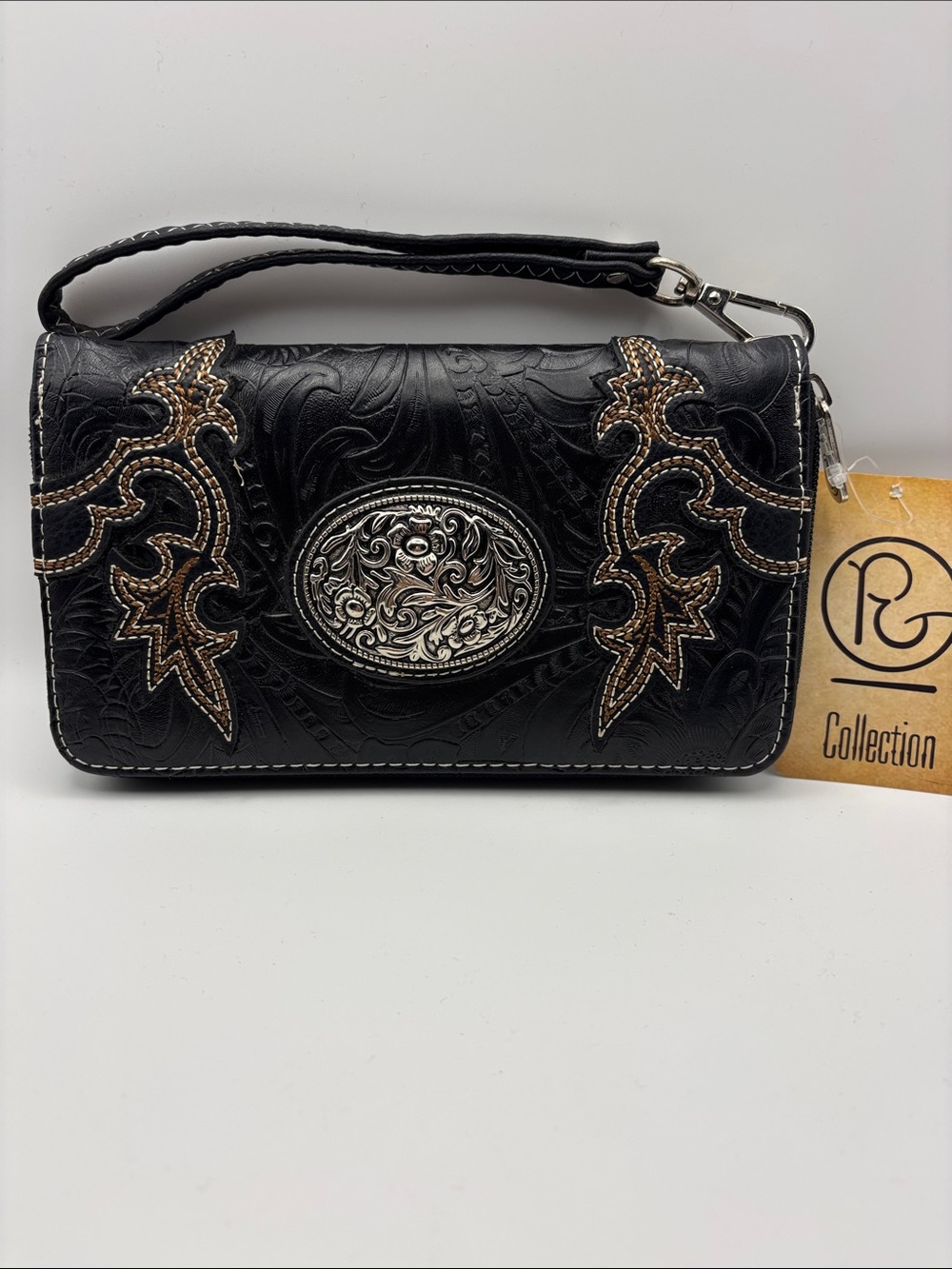 P&G Collection Black Embossed Leather Wristlet Clutch with Silver Concho NWT